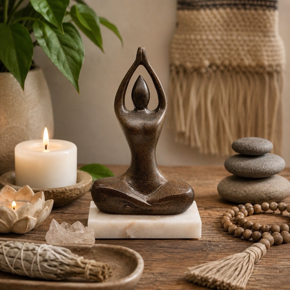 Lotus Pose Yoga Sculpture Bronze Cast Metal Marble Base Alter Art 5.5"